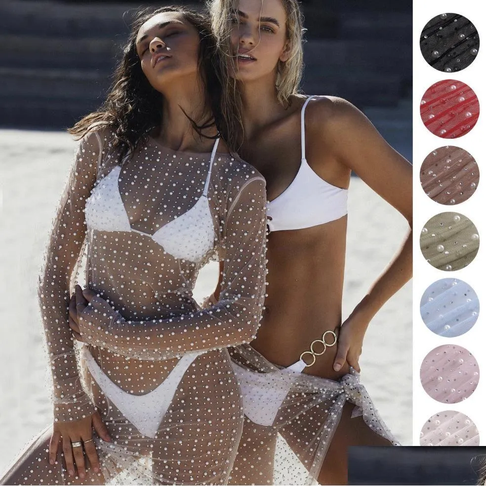 women`s swimwear holiday bikini rhinestone cover-ups beach dress long sleeve dress with pearl decoration see through mesh sheer pool party