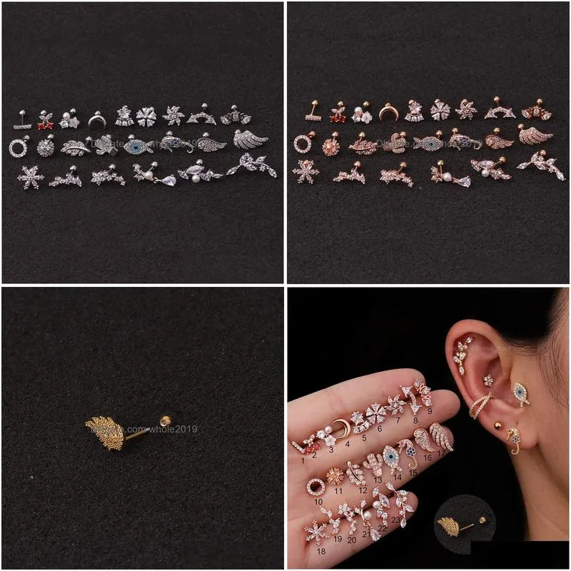 Stud 1Pc Rose Gold Stainless Steel Helix Fashion Animal Plant Cz Ear Lobe Tragus Daith Cartilage Screw Back Earring Drop Delivery Jew Dhwue