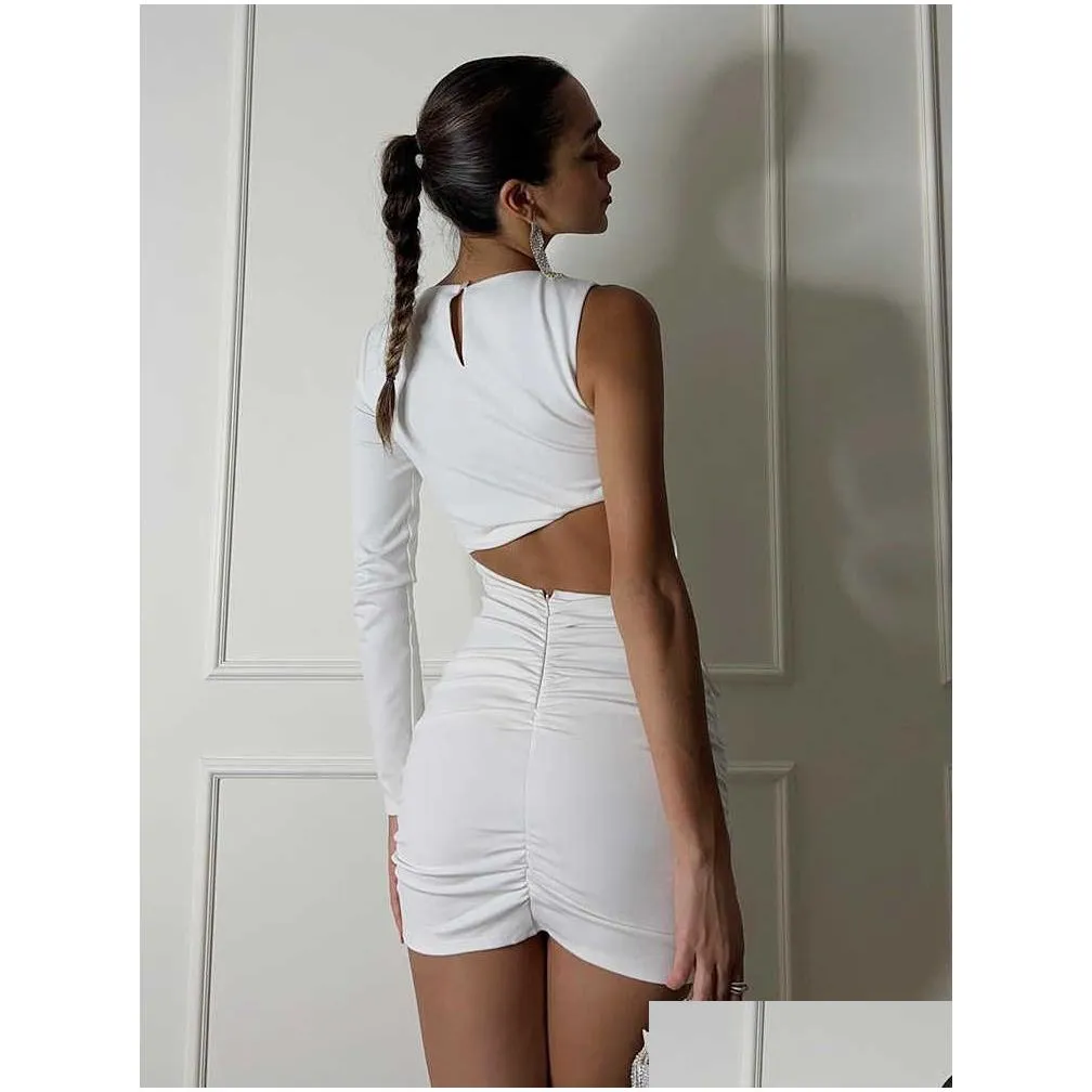 women 2023 spring summer one shoulder long sleeve wrap ruched bodycon dress 2 layered cut out white short dresses