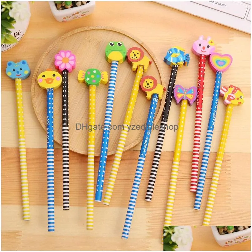 wholesale cartoon pattern wood hb pencil with eraser writing pencils lead pen children drawing sketching stationery kids students school season teachers gift