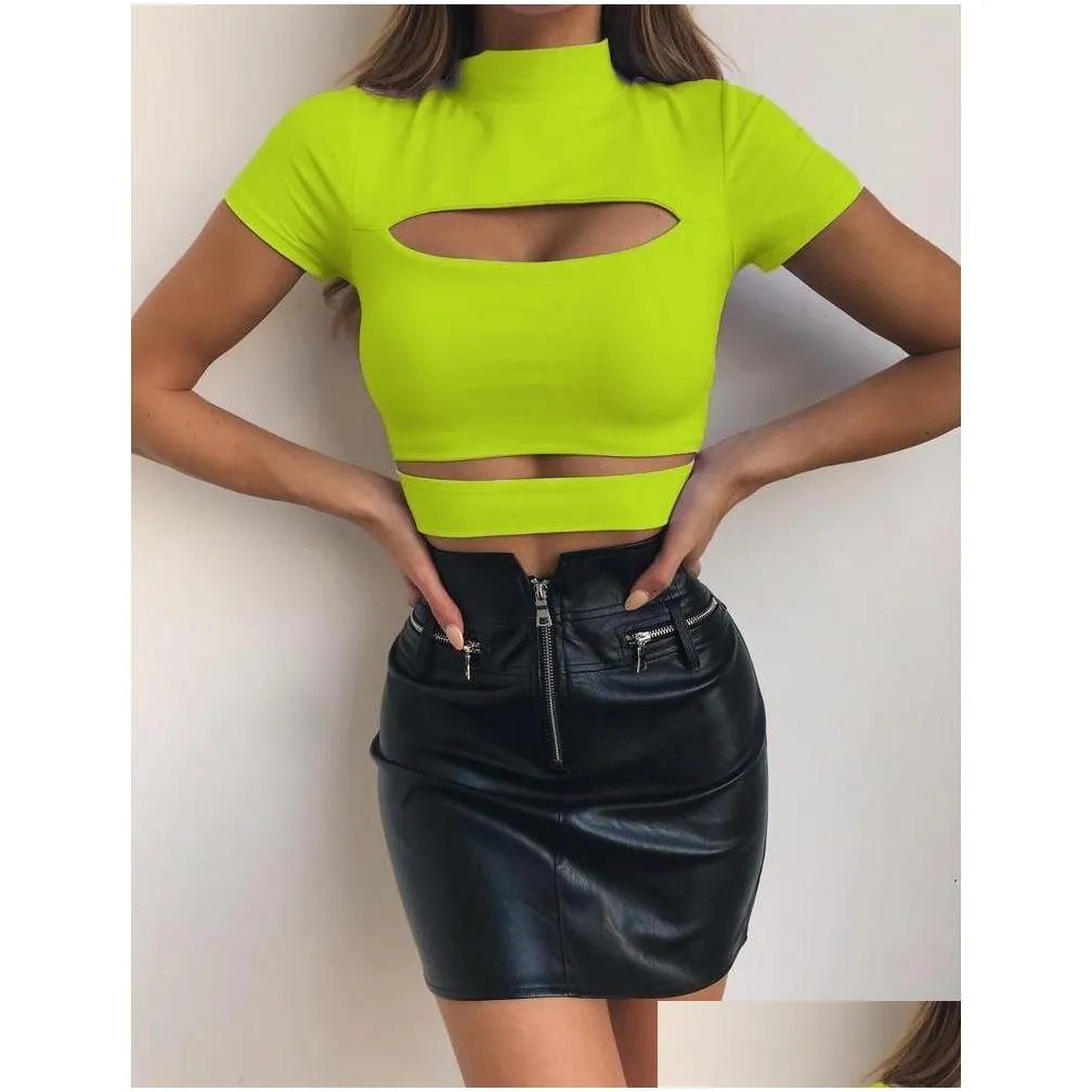 Women`S T-Shirt Womens Summer Crop Top Women Solid Black Green Tops Hollow Out Clothing Casual Tee Ladies Shirts Drop Delivery Apparel Dhtlw