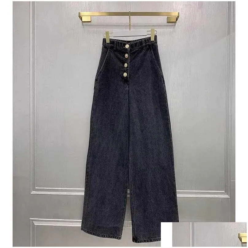 Women`S Jeans Cosmicchic Black High Waist Gold Buttons Women Trousers Ankle-Length-Pants Wide-Leg-Pants Runway Autumn Winter Casual D Dhyzn