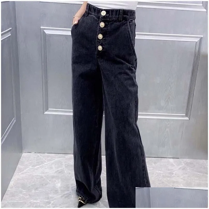 Women`S Jeans Cosmicchic Black High Waist Gold Buttons Women Trousers Ankle-Length-Pants Wide-Leg-Pants Runway Autumn Winter Casual D Dhyzn