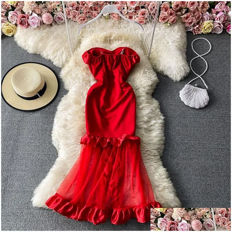 women spaghetti strap sexy dress 2022 strapless bodycon slim red dinner party dresses mesh work female summer long dress