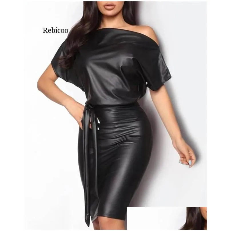 Casual Dresses Black Asymmetrical Sexy Faux Leather Bodycon Dress Women Summer Long Sleeve Knee Length Pencil