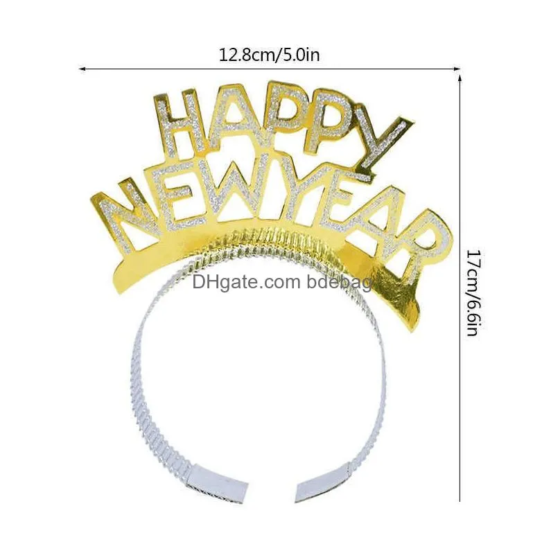  3/6pcs happy year headband gold silver black tiara christmas year eve party decoration p o props hair hoop ornaments