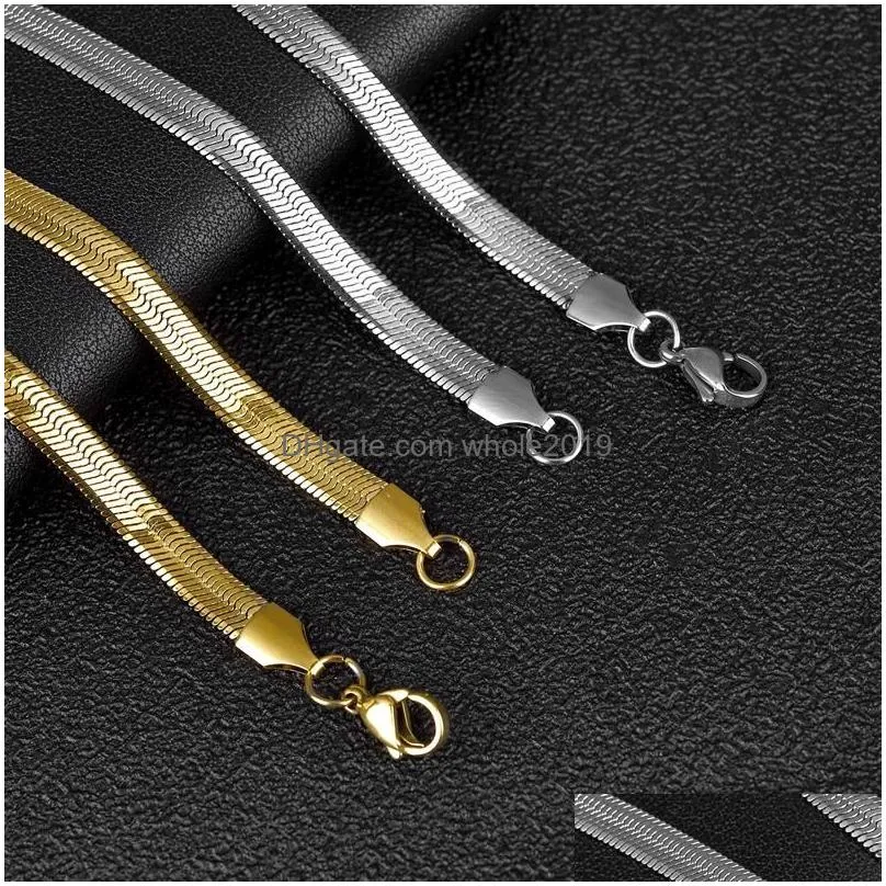 Chains Classic Stainless Steel Flat Chain Necklace Herringbone Snake For Men Women Chokers Clavicle Jewelry Gift Drop Delivery Necklac Dheh4