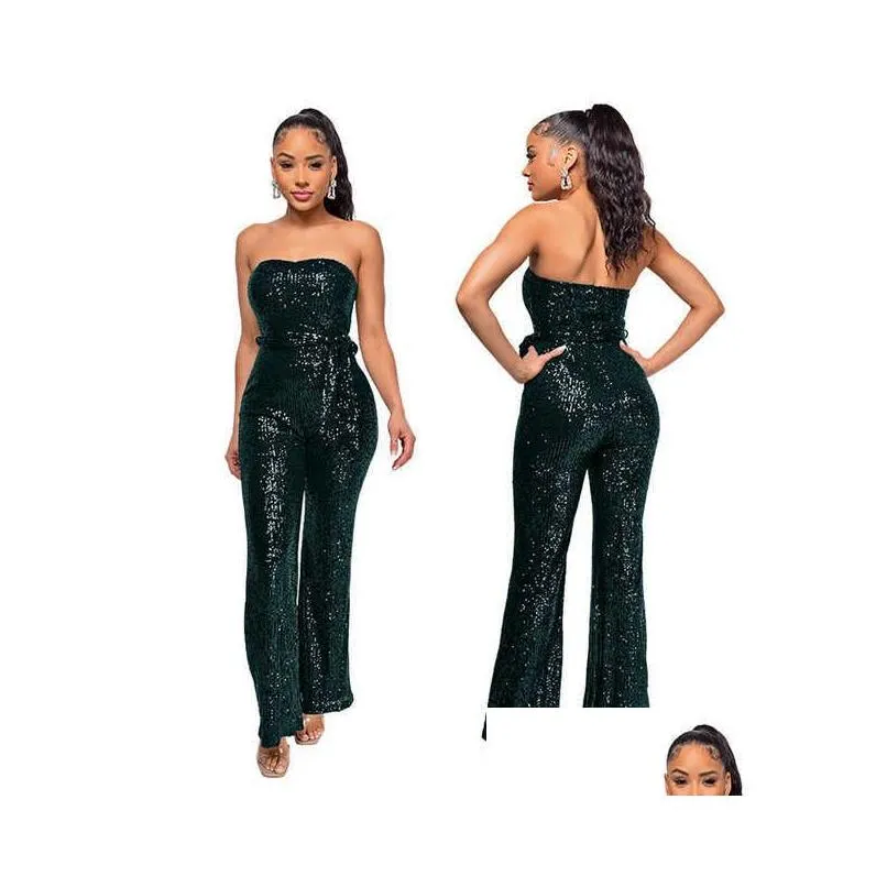 women jumpsuit 2023 nightclub wear sequins backless tube top one piece jumpsuit