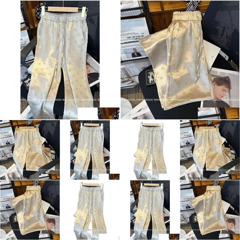 Women`s high elastic waist pants sashes with drawstring logo print satin fabric long trousers plus size MLXL