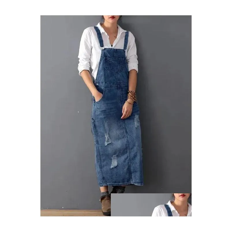 Street Style Dresses Fashion Maxi Denim Dress Summer Ladies Suspenders Holes Jeans Female Loose Plus Size Bib Blue Long 8075 T200320 Dhpme