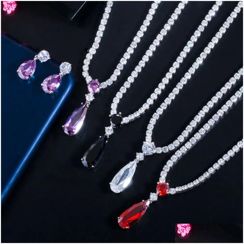 Wedding Jewelry Sets Cwwzircons Top Red Purple Cubic Zirconia Water Drop Fashion Women Engagement Party Set For Bridesmaid Gift T525 Dh4Rf