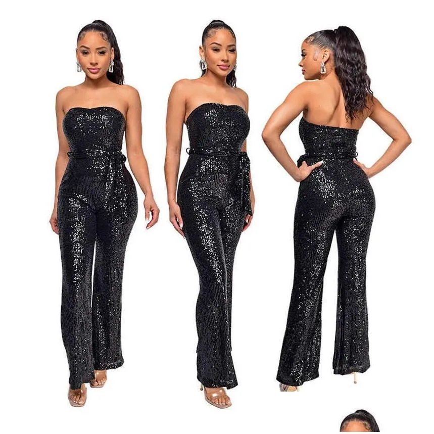 women jumpsuit 2023 nightclub wear sequins backless tube top one piece jumpsuit