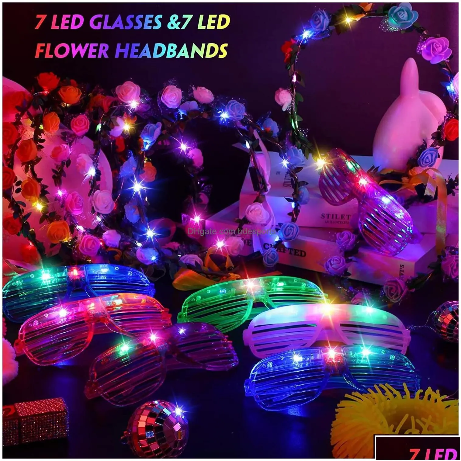 Party Decoration Led Light Up Glasses Flower Crown Glow In The Dark Flashing Headband Eyewear For Birthday Festival Neon Drop Deliver Dhonp