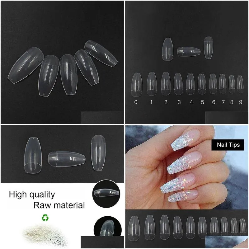 False Nails Wholesale-500Pcs Long Ballerina Half Nail Tips Clear Coffin Abs Artificial Diy Fake Uv Gel Art High Quality Drop Delivery Otfbe