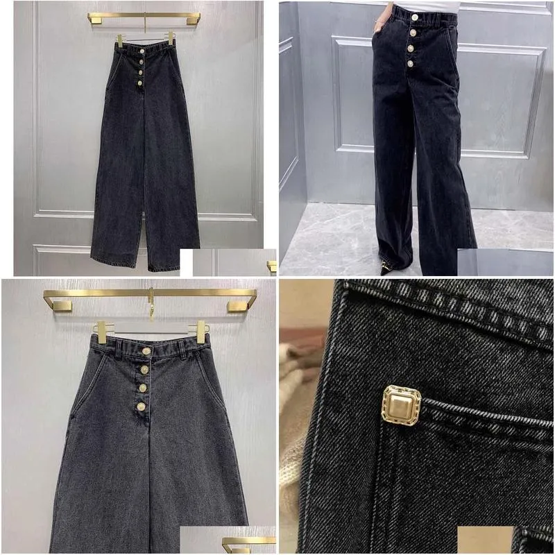 Women`S Jeans Cosmicchic Black High Waist Gold Buttons Women Trousers Ankle-Length-Pants Wide-Leg-Pants Runway Autumn Winter Casual D Dhyzn