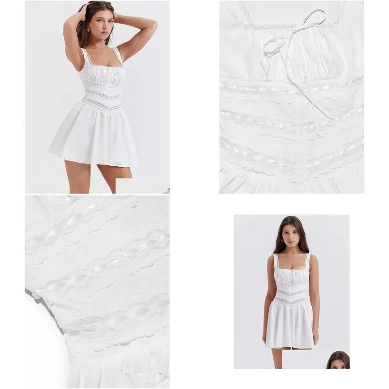 new in 2023 sweet lace trim mini dress for women garden party clothes chic and elegant square neck wedding white dress