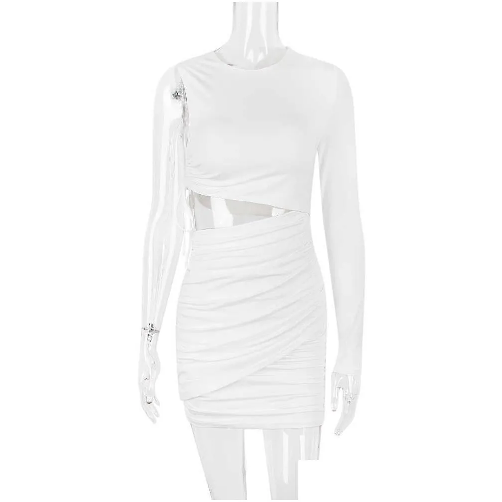 women 2023 spring summer one shoulder long sleeve wrap ruched bodycon dress 2 layered cut out white short dresses