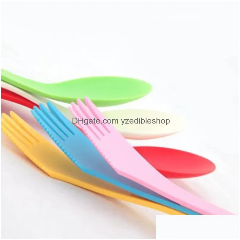 plastic portable spoons fork travel tableware set camping cutlery 3 in 1 knife forks scoop household kitchen tool 6pcs/set s
