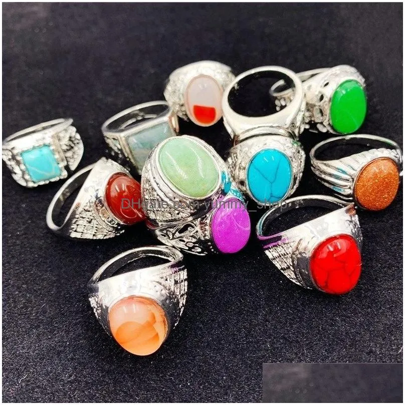  est 30pcs/lot natural gem pinestone band rings fashionable retro bohemia style mens and womens gold silver mixed big size party jewelry