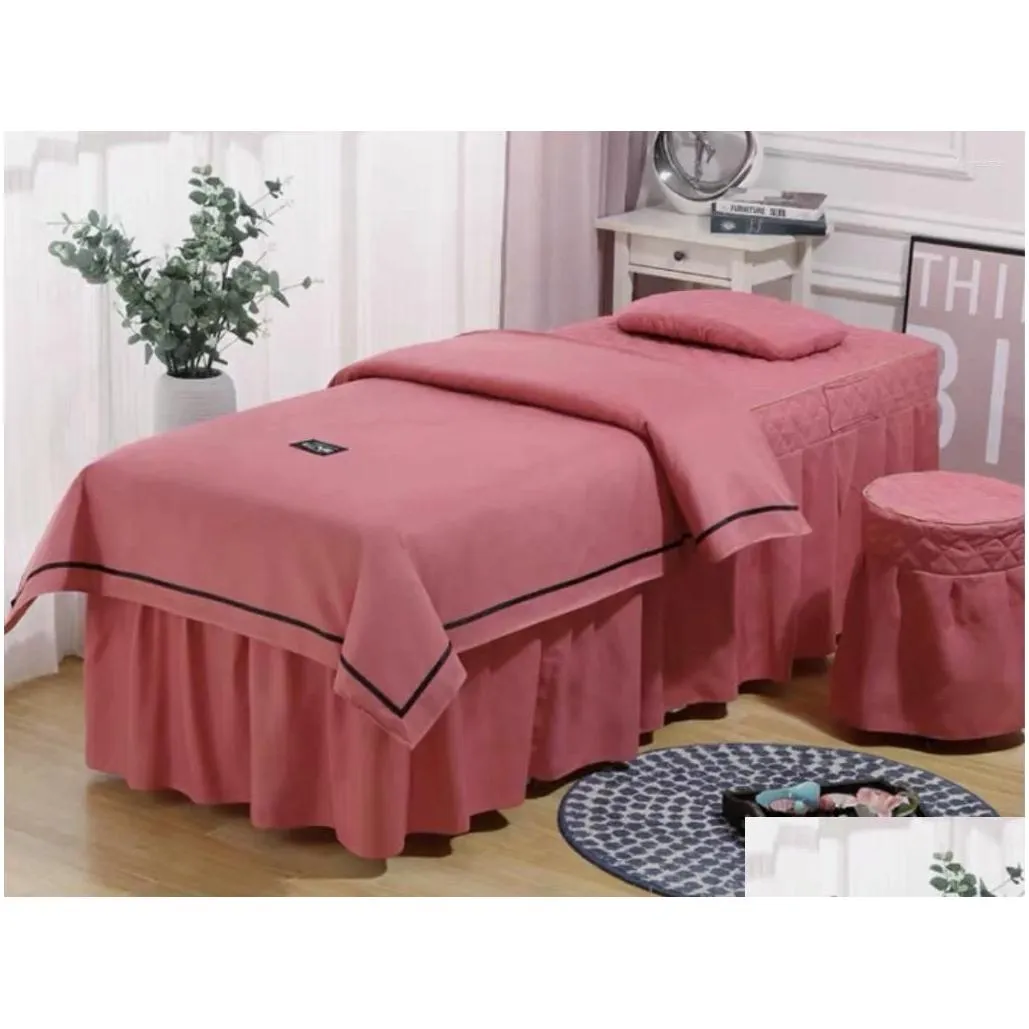Bed Skirt Four-Piece Set Of Cotton Pillow Stool Quilt Mas Er Bedspread With Patio Face Bow Tie Home Textile Pink Purple Drop Delivery Othym