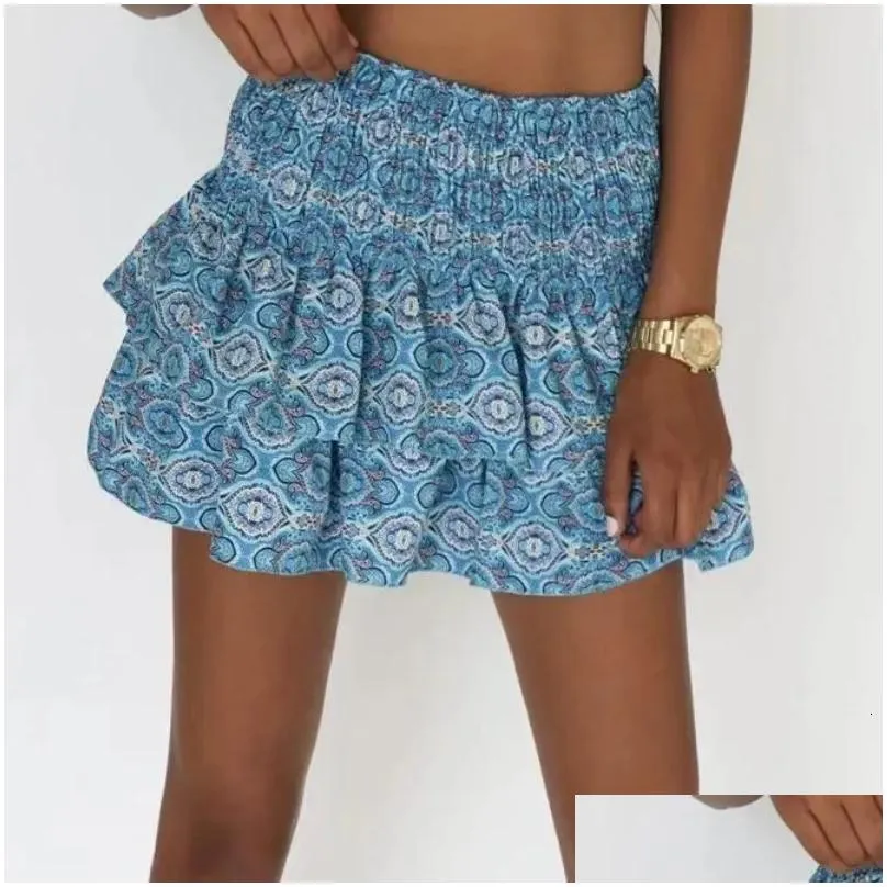 Skirts Summer Floral Pleated Skirt Womens Vintage Ruffle Print Pink Fashion Y2K Short Leisure Vacation Bohemian Miniskirt 230817 Drop Dhxno