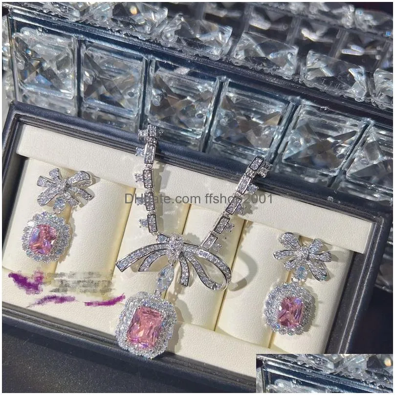 2024 ins top sell wedding jewelry sets luxury jewelry 925 sterling silver fill radiant shape pink topaz cz diamond dangle earrings women pendant necklace open