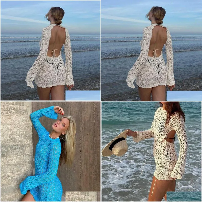 hook flower hollow out long sleeved dress bandage seaside perspective tight lace backless skirt