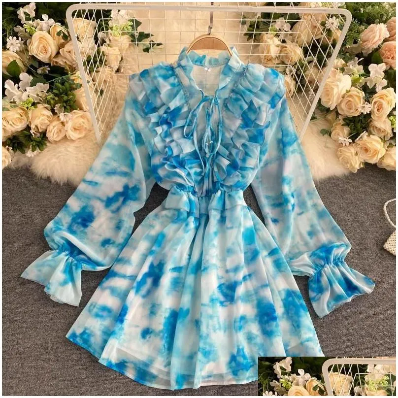 autumn 2022 blue tie-dye mini dress women sweet ruffle chiffon vestidos female elegant flare long sleeve irregular robe fashion