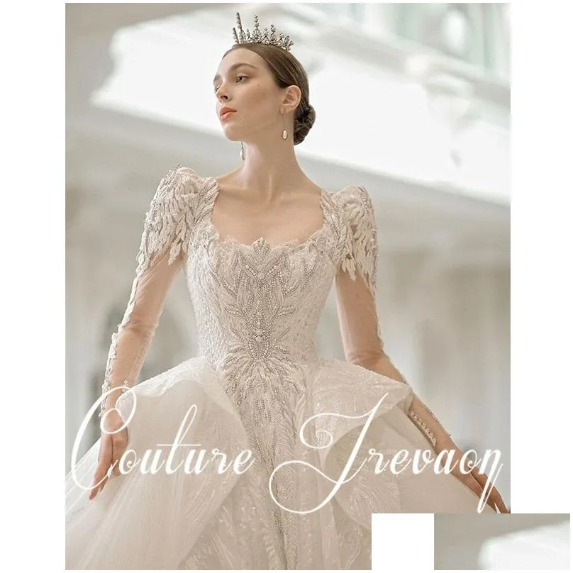 A-Line Wedding Dresses Lace Long Sleeves Pearls Tle Princess Bridal Ball Gowns Sweep Train Plus Size Country Vintage Illusion Boho Boh Otgaf