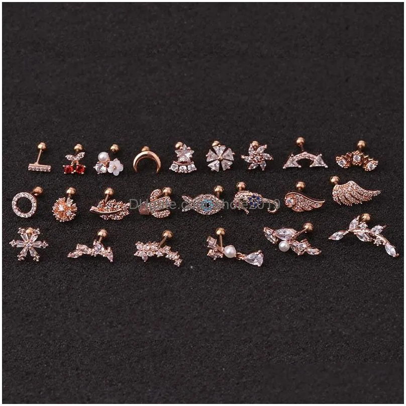 Stud 1Pc Rose Gold Stainless Steel Helix Fashion Animal Plant Cz Ear Lobe Tragus Daith Cartilage Screw Back Earring Drop Delivery Jew Dhwue