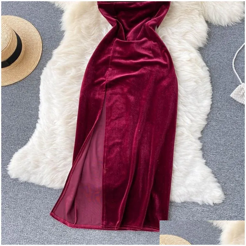 sexy black/red halter velvet bodycon dress women elegant strapless sleeveless high waist split party robe female vestidos autumn 2022