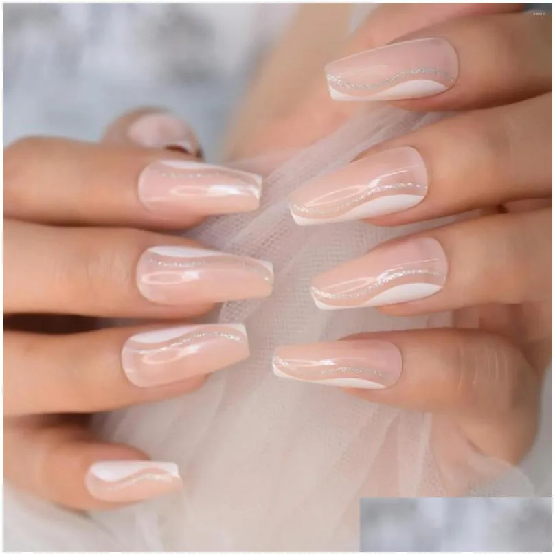 False Nails Medium Long Press On Nude Coffin Shape French Nail Tips With Glitter Decorative Shiny Gel Manicure Tip 24 Nov Drop Delive Otlzj