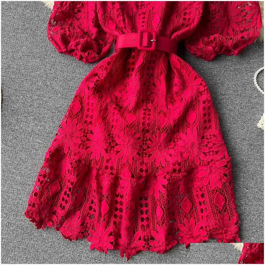 casual dresses french slim v-neck short bubble sleeve lace a-line dress women new summer party clothes vestidos femininos frete 2023