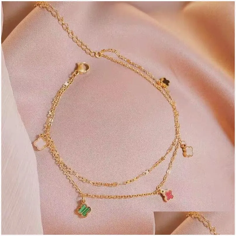 Designer Anklets loves couple 5flowers jewelry Clover 18k gold chains steel Mother of pearl colorful thick chain for Mothers Day Chrismas party Holiday
