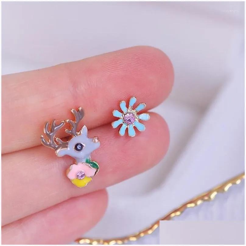 Stud Earrings Romantic Cute Korean Asymmetric Animal For Women Girls Lovely Deer Flower Rhinestones Party Jewelry Drop Delivery Otzyp