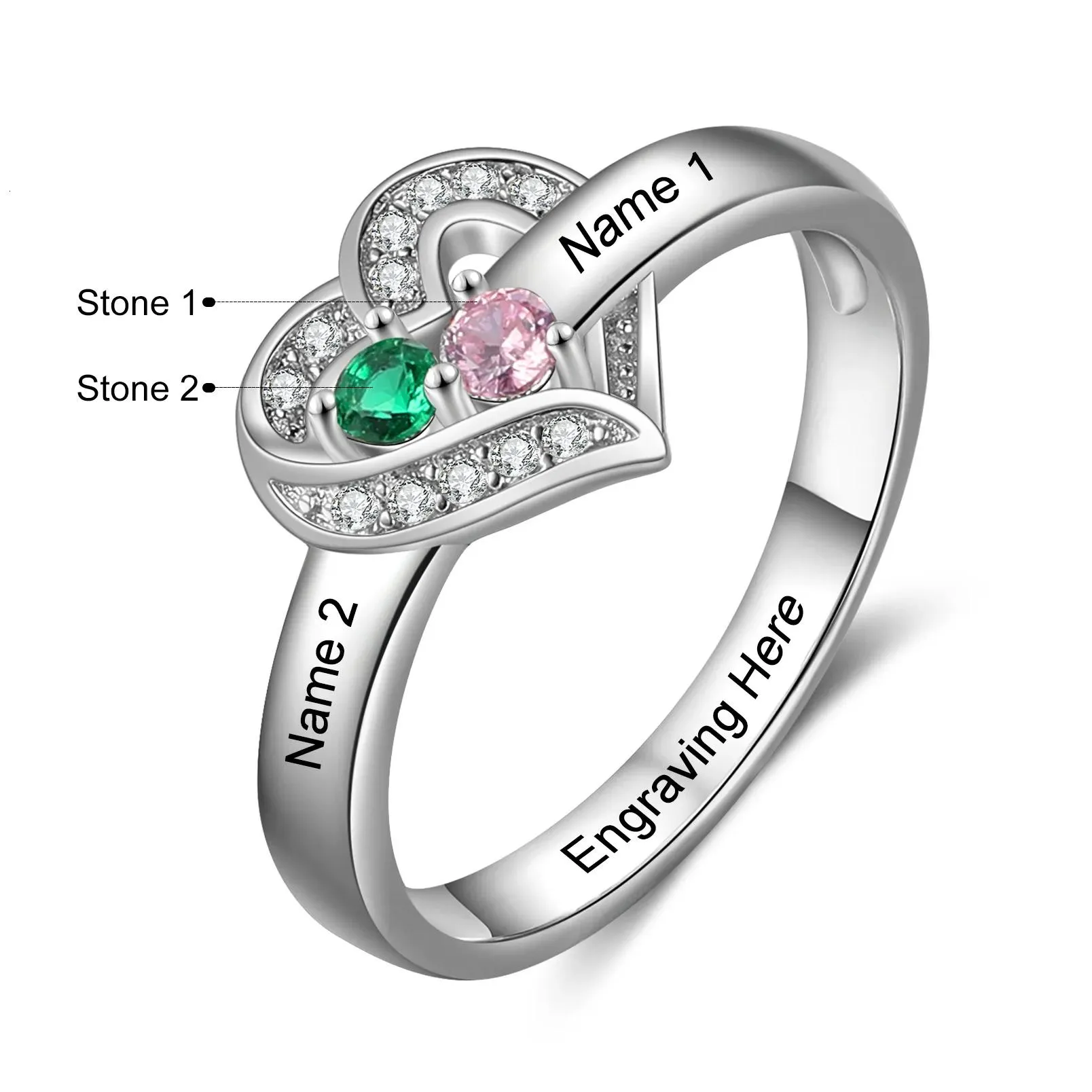 Wedding Rings 925 Sterling Sier Personalized 1-8 Name Carved Ring With Birthday Stone Set Heart Suitable For Womens Mothers Day Gift Dhfrt