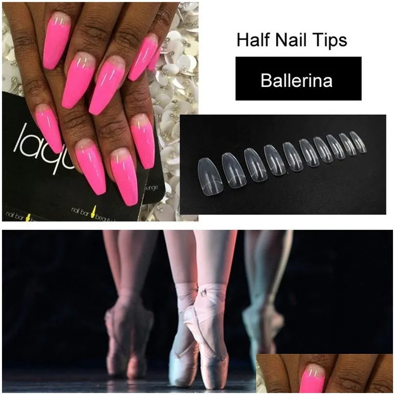False Nails Wholesale-500Pcs Long Ballerina Half Nail Tips Clear Coffin Abs Artificial Diy Fake Uv Gel Art High Quality Drop Delivery Otfbe