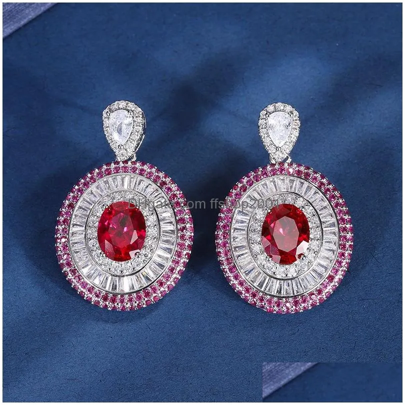 choucong brand luxury jewelry wedding jewelry set 10kt white gold fill oval cut red garnet cz gemstones party women open ring dangle earring necklace