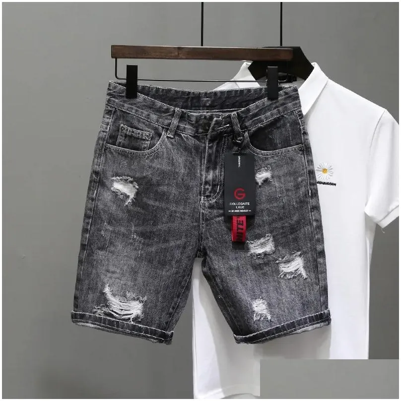 Men`S Jeans Mens Summer Light Blue Ripped Cat Whisker Letter Print Slim Denim Shorts Teenagers Boys And Girls  Drop Delivery Ap Dhjy5