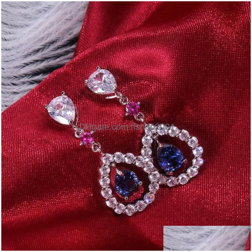 choucong 2021 top sell dangle earrings luxury jewelry 925 sterling silver water drop blue sapphire cz diamond gemstones party women wedding earring for lover