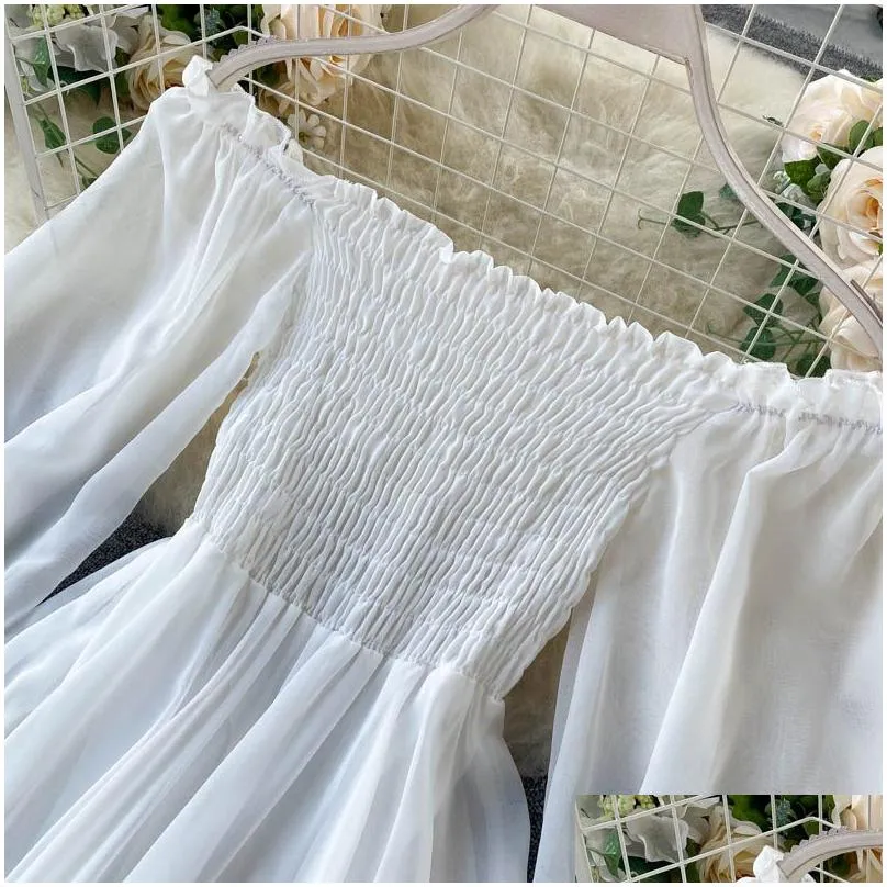 new spring autumn women elegant holiday dresses puff sleeve slash neck off shoulder smocked white chiffon dresses 2022