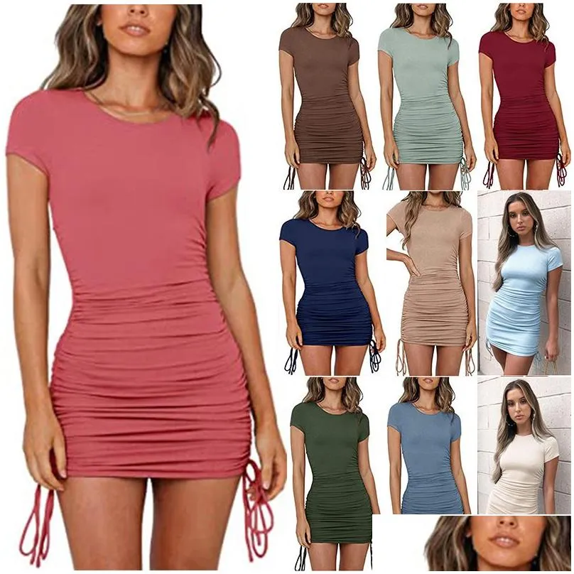 designer ruched drawstring sexy party dress women short sleeve elastic mini dresses vintage bodycon club wear vestidos