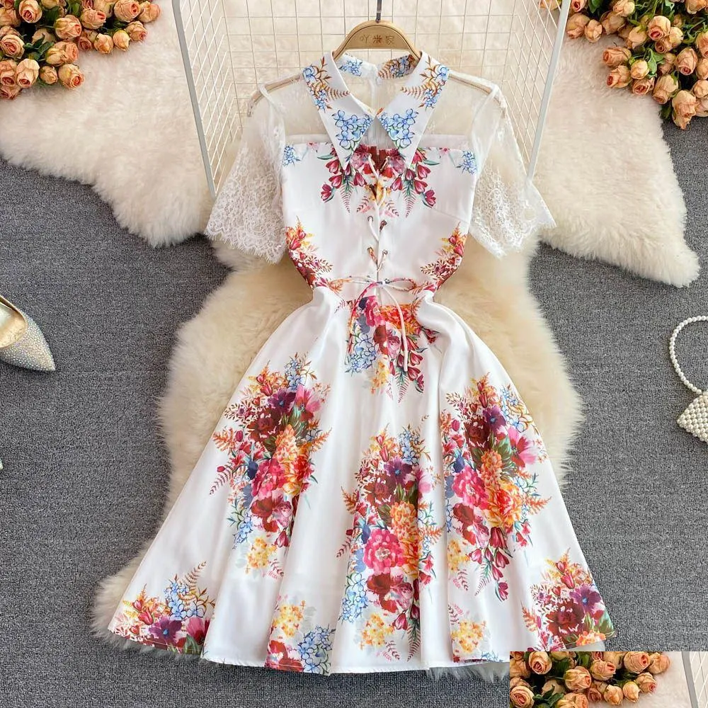 casual work mini dress women turn down neck lace short sleeve floral print lace up belt party vestidos 2022