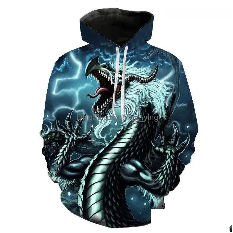 Mens Hoodies Sweatshirts Dragon Pattern Hip Hop Hoodie Y2K Large Size Winter Long Sleeves Hooded Sweater Hipster Street Wear Gym Sw Dhzlj