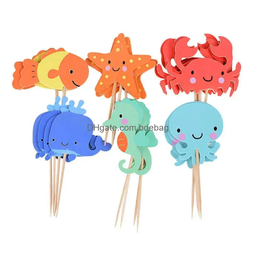  24pcs ocean animal cupcake toppers under the sea party cake flags boy baby shower mermaid theme birthday party cake decorations