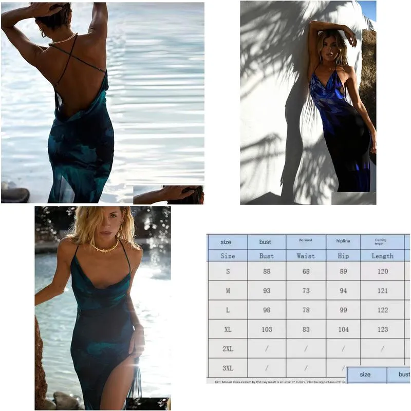 spring summer design fashion women`s dress vacation one step skirt with open back cross beach blue print strap long dress