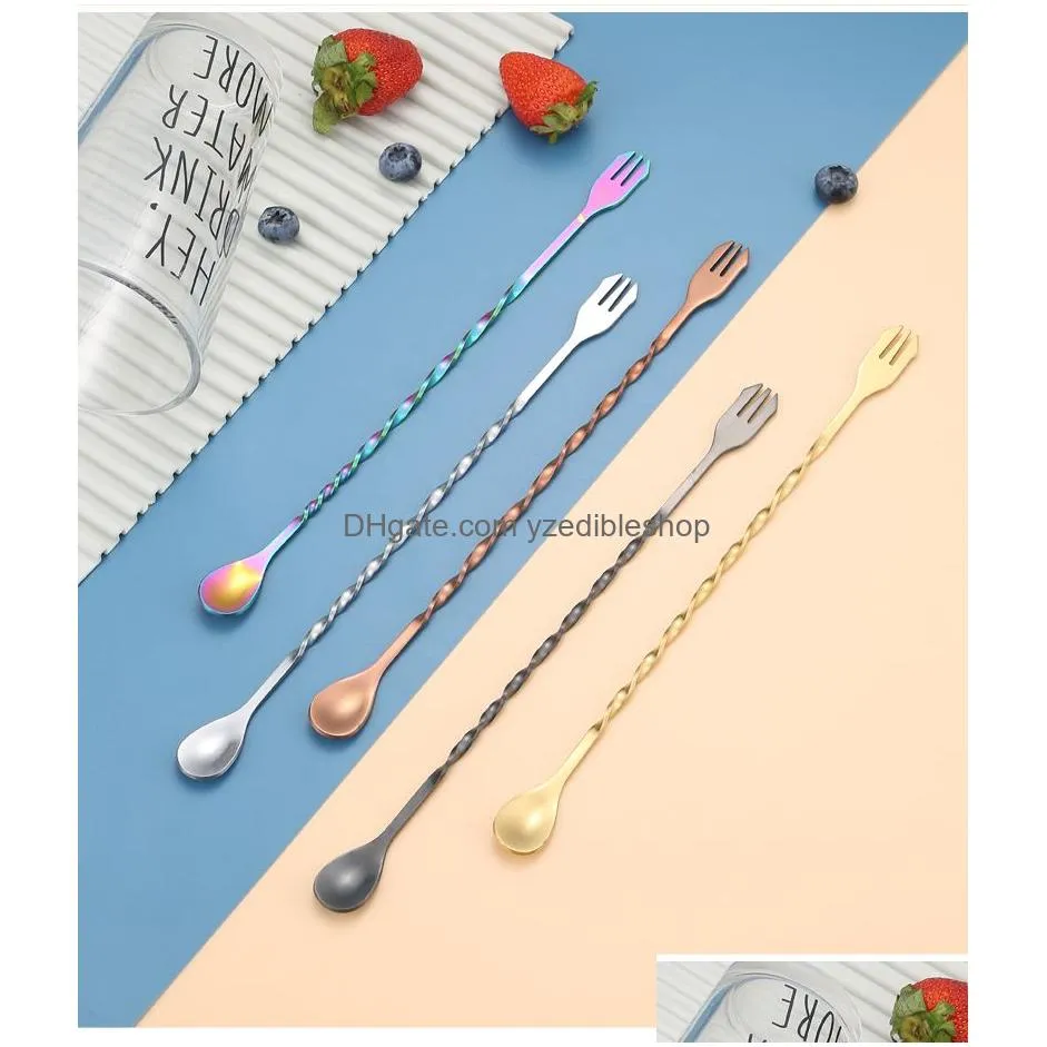 steel double stainless heads titanium -plated long handle stirring spoons ice tail bartender bar spoon fruit forks 26cm 32cm