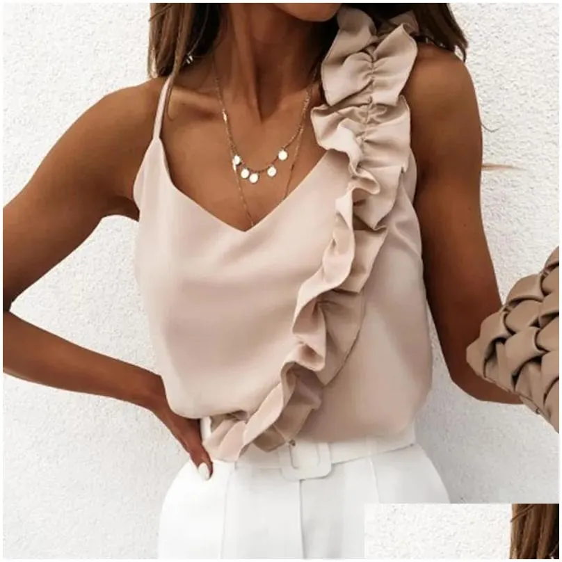 Women`S Blouses & Shirts Womens Women Y V Neck Ruffle Blouse 2022 Summer Backless Spaghetti Strap Casual Tops Elegant Sleeveless Offi Dhrag