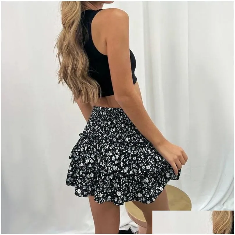Skirts Summer Floral Pleated Skirt Womens Vintage Ruffle Print Pink Fashion Y2K Short Leisure Vacation Bohemian Miniskirt 230817 Drop Dhxno