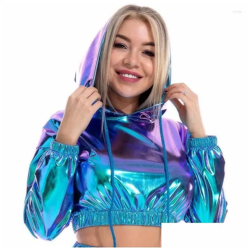 Women`S Hoodies & Sweatshirts Womens Y Cropped Holographic Women Shiny Pu Metallic Hoody Long Sleeve Short Sweatshirt With Dstring Pl Dh7Hw